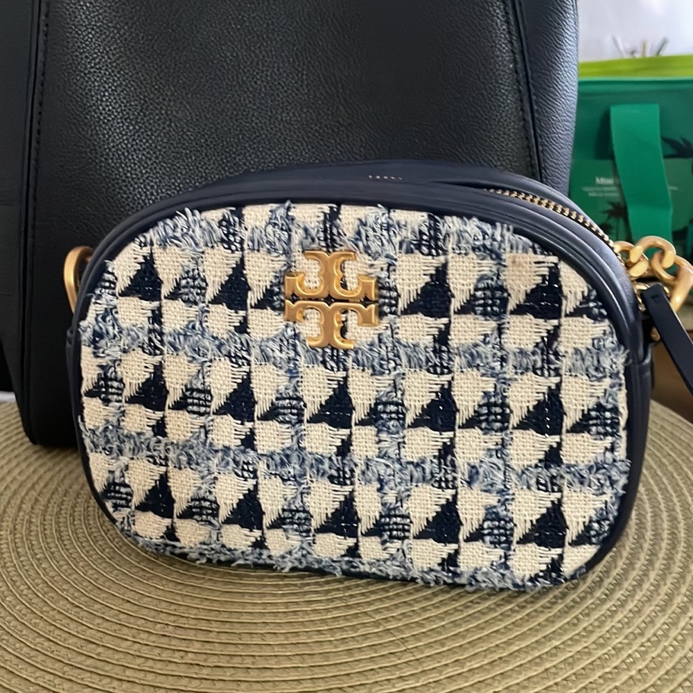 Tory Burch Kira Tweed Cream and Blue Crossbody Bag with Elegant Design